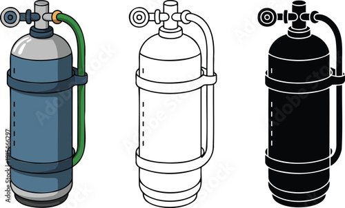 Scuba diving air tank silhouette & Outline and illustration set isolated on transparent background