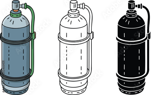 Scuba diving air tank silhouette & Outline and illustration set isolated on transparent background