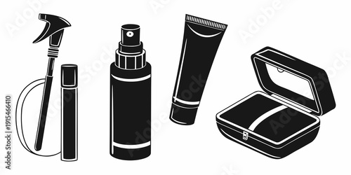 Assorted hair care products including a spray bottle and a comb Vector