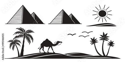A serene landscape with mountains, palm trees, and a camel in a desert setting Vector