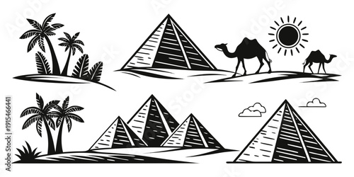 A serene beach scene with palm trees and a variety of tents and umbrellas. Vector