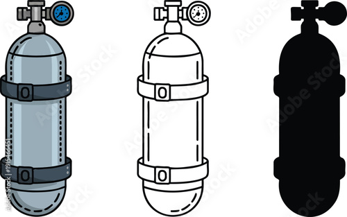 Scuba diving air tank silhouette & Outline and illustration set isolated on transparent background
