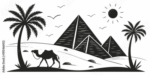 Ancient egyptian scene with pyramids, palm trees, and a camel Vector