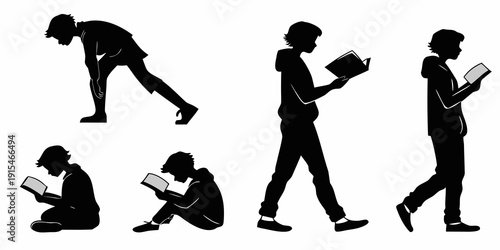 Illustration of a person demonstrating various yoga poses and activities. Vector