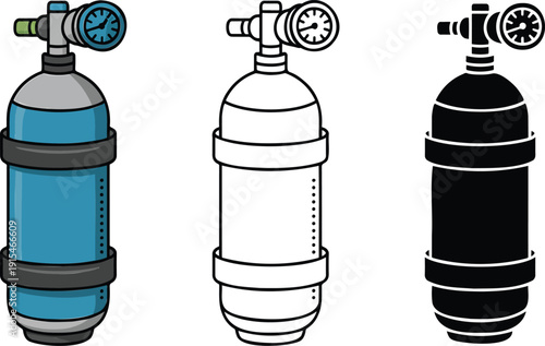 Scuba diving air tank silhouette & Outline and illustration set isolated on transparent background