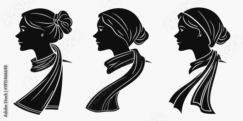 Three stylish women showcasing elegant hairstyles with headscarves and ribbons Vector