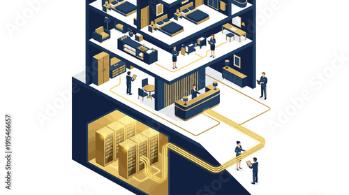 Isometric Smart Hospital Building Cross-Section with Server Room, Vector Illustration of Digital Healthcare Infrastructure, Cloud Data and Medical SaaS Management System