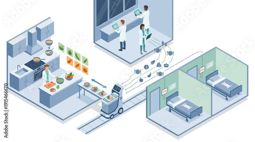 Smart Hospital Food Logistics with Automated Robot Delivery and Nutritional Data Management in Isometric Vector Style for Healthcare Technology and SaaS Workflow