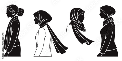 Four women showcasing different hairstyles with headscarves and veils Vector