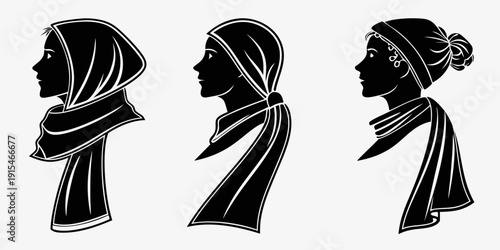 Three distinct headscarf styles showcasing different cultural designs and fashions Vector
