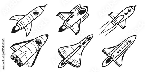 A collection of eight different types of rockets and space shuttles in black and white Vector