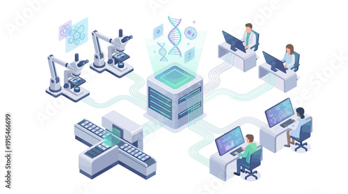 Isometric Medical SaaS Platform Illustration showing DNA Research, Lab Automation, and Data Analytics in a Smart Hospital Network