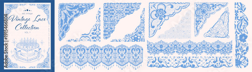 Blue coquette vintage lace collection with ornamental borders and corners for wedding invitations and scrapbooking isolated on light background.