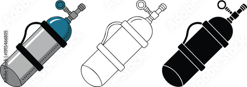 Scuba diving air tank silhouette & Outline and illustration set isolated on transparent background