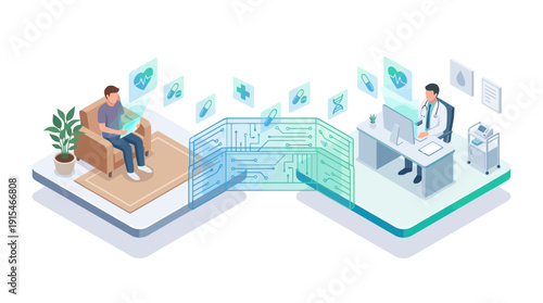 Isometric Telemedicine Consultation with Doctor and Patient, Digital Health SaaS Platform Vector Illustration for Medical Technology, Remote Care, and Smart Hospital Systems