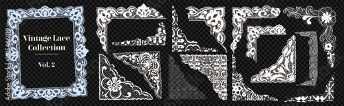 White coquette vintage lace collection with decorative frames borders and corners . Cutout and torn lace elements.