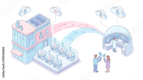 Isometric Smart Maternity Hospital with Cloud Data Monitoring, IoT Incubators, and Secure SaaS Healthcare Technology Vector Illustration
