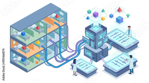 Isometric Smart Hospital SaaS Management System Vector Illustration with Digital Healthcare Infrastructure, Cloud Server Data Processing, and Medical Staff Monitoring Patient Rooms via Tech Interface