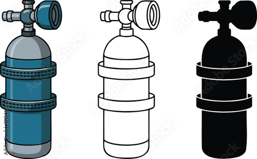 Scuba diving air tank silhouette & Outline and illustration set isolated on transparent background