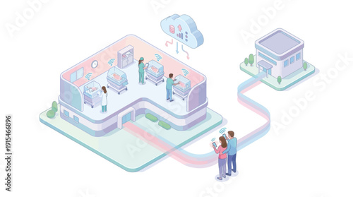 Smart hospital isometric illustration featuring IoT maternity ward, cloud data analytics, and remote patient monitoring for telemedicine and digital healthcare concepts in pastel vector style.