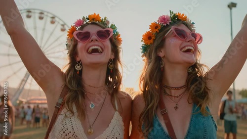 Two happy young women in flower crowns and heart glasses laugh and dance against a ferris wheel at sunset, embodying Coachella music festival spirit, boho fashion style and summer freedom