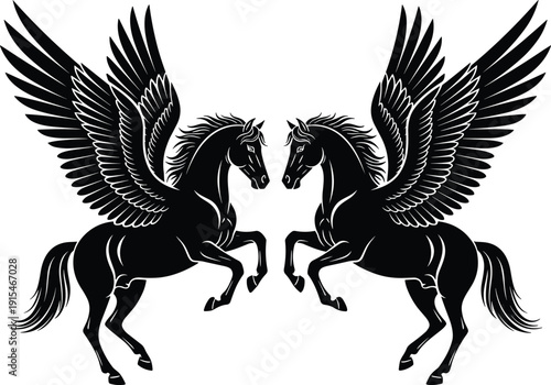Black vector silhouette of two majestic pegasus horses with large open wings facing each other for fantasy branding mythology logos and mystical stallion design