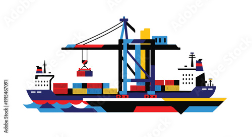 Global shipping and logistics concept with a cargo container ship being loaded by a port crane, symbolizing international trade and freight transport.