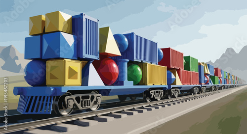 Colorful freight train carrying abstract geometric shapes through a minimalist landscape, symbolizing logistics and creative transport.