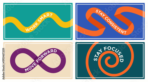 Set of four bold, abstract motivational posters featuring Stay Focused and Move Forward messages in vibrant teal, orange, and purple for modern office decor.