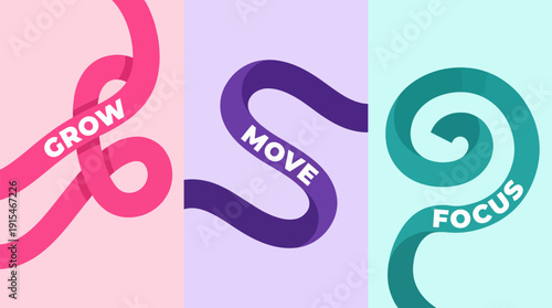 Abstract three-panel ribbon design featuring the words Grow, Move, Focus in pastel colors