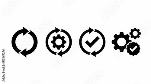 Set of black circular icons illustrating process automation, workflow optimization, gears, and checks to represent efficient systems and continuous improvement.
