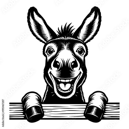 Peeking Donkey Head Illustration, Farm Animal Character, Cute Smiling Mule, Rustic Country Theme, Bold Black And White Silhouette Graphic