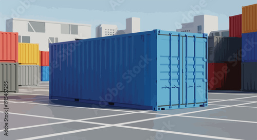 Bright blue cargo container prominently displayed in a modern shipping yard, symbolizing efficient global supply chain management, international freight, and modern logistics solutions.