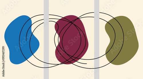 Abstract geometric composition with overlapping blue, purple, and olive blobs and looping circular outlines on a warm beige background