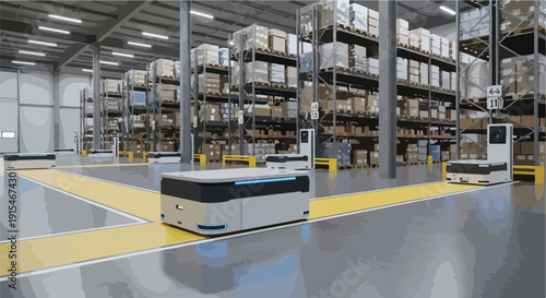 Automated guided vehicles moving in a modern warehouse with tall shelves and boxes, symbolizing logistics and technology