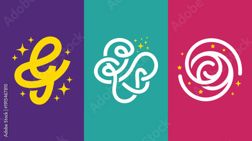 Set of three decorative abstract logo glyphs on vibrant purple, teal, and magenta panels, ideal for branding, monogram design, and logo inspiration.