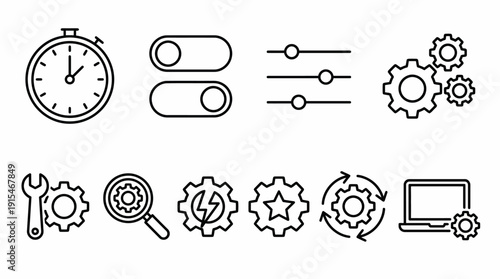 Set of line icons illustrating time management and technology concepts, including a stopwatch, toggle switches, sliders, gears, and a laptop for UI and workflow visuals.