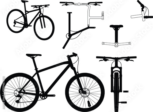Mountain bike silhouette set, bicycle parts and frame views collection, cycling equipment illustration, sport transportation design elements, isolated vector graphic bundle