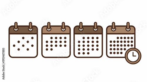 Four calendar icons with a clock symbol illustrating scheduling and time management for deadlines and events.