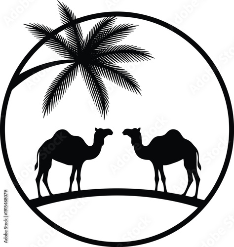 Black vector silhouette of two camels facing each other under a tropical palm tree within a circular frame for desert travel and safari branding