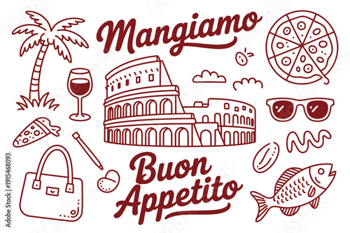 Italian vacation collage with iconic landmarks, food, and phrases