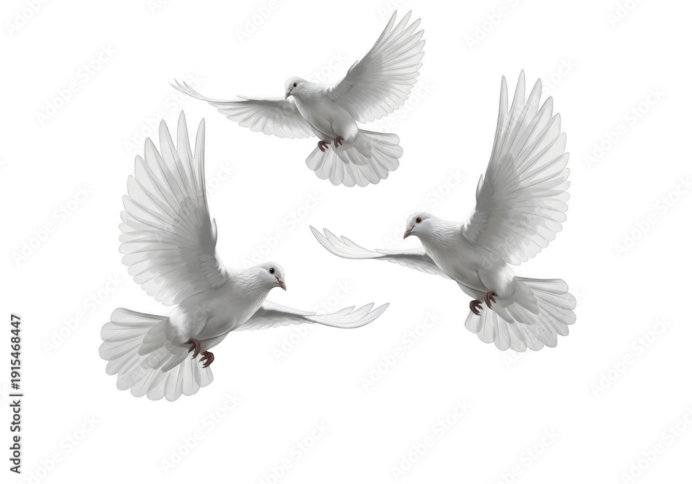 Fototapeta premium Three white doves in flight against a stark black background