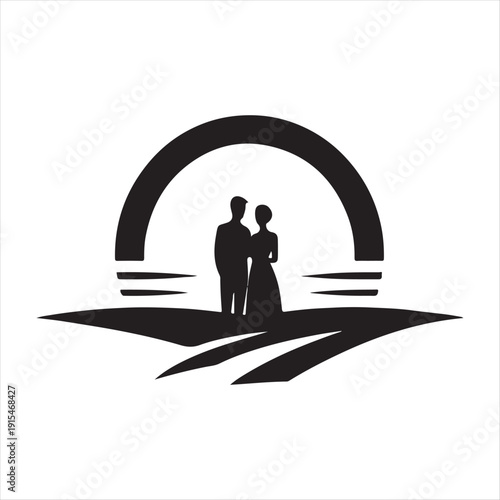 sunset couple vector silhouette line art logo concept illustration