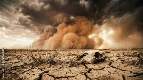 Bleached animal skull lies on cracked earth in a desert landscape against an approaching massive sandstorm, symbolizing drought, climate change and environmental disaster concept