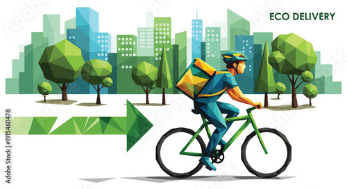 Eco-friendly delivery cyclist with green cityscape background and arrow, representing sustainable urban logistics