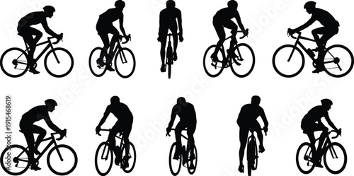 Road cyclist silhouette collection, professional bicycle racing riders in action poses, sports training and competition vector illustration, isolated black cycling athlete set