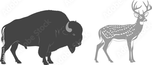 Grey vector silhouette of a large American bison and a spotted whitetail deer buck with antlers for wilderness nature hunting and wildlife conservation branding