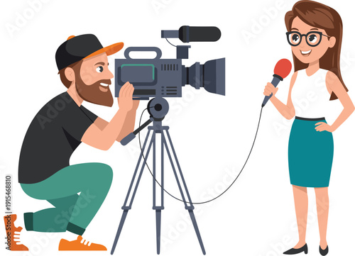 TV reporter giving interview with cameraman recording news video production flat vector illustration