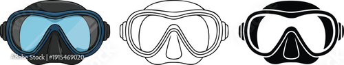 Scuba diving mask silhouette & Outline and illustration set isolated on transparent background