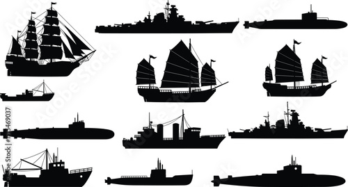 Ship and submarine silhouettes collection, naval warship cargo vessel sailing ship set, maritime transport vector illustration, sea military and shipping industry concept